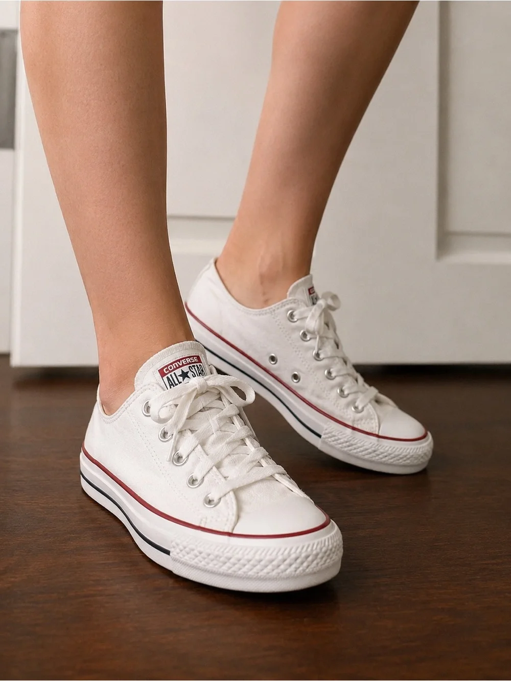 Converse White Low Top Sneakers with Red & Black Trim - Picture 1 of 6